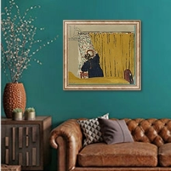 «The Yellow Curtain, c.1893» в интерьере гостиной с зеленой стеной над диваном