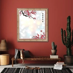 «Блестщий фон с ветвями сакуры в цвету» в интерьере прихожей в этническом стиле с красной стеной