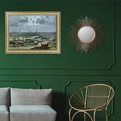 «The Port of Bordeaux, 1874» в интерьере классической гостиной с зеленой стеной над диваном