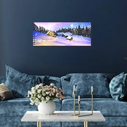 «Горная деревушка в снегопад» в интерьере стильной синей гостиной над диваном