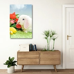 «Белый кролик и букет тюльпанов» в интерьере современной прихожей над тумбой