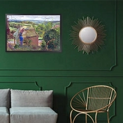 «Thatching the Summer House, Lanhydrock House, Cornwall, 1993» в интерьере классической гостиной с зеленой стеной над диваном