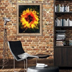 «You are a radiant sunflower, 2018» в интерьере кабинета в стиле лофт с кирпичными стенами