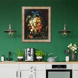«Bouquet of Fruit with Eucharistic Symbols on a Ledge Below» в интерьере кухни с зелеными стенами