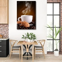 «Горячий кофе и миндальное печенье» в интерьере кухни с кирпичными стенами над столом
