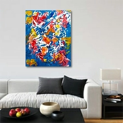«Абстракция с белыми, желтыми и красными мазками на синем» в интерьере гостиной в стиле минимализм в светлых тонах