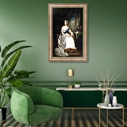 «Queen Victoria, 1843» в интерьере гостиной в зеленых тонах