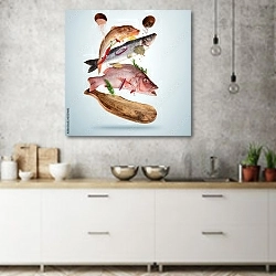 «Свежая морская рыба над деревянной доской» в интерьере современной кухни над раковиной