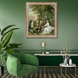 «Jonathan Tyers and his Daughter, Elizabeth, and her Husband, John Wood, c.1750-52» в интерьере гостиной в зеленых тонах