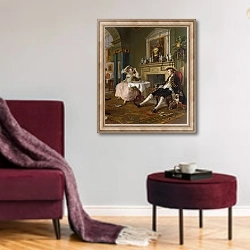 «Marriage a la Mode:II- The Tete a Tete, c.1743» в интерьере гостиной в бордовых тонах