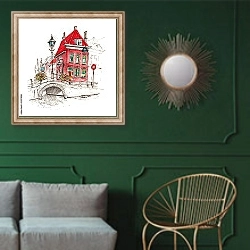 «Красный дом у моста, Голландия, Нидерланды, набросок» в интерьере классической гостиной с зеленой стеной над диваном
