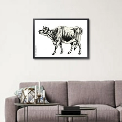 «Ретро-иллюстрация с коровой» в интерьере в скандинавском стиле над диваном