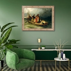 «Emigrant passengers on board, 1851» в интерьере гостиной в зеленых тонах
