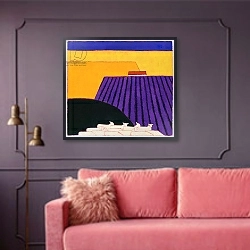 «Sheep and Lavender Fields, 2004» в интерьере гостиной с розовым диваном