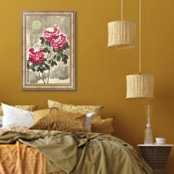 «Розовые пионы под снегом» в интерьере спальни  в этническом стиле в желтых тонах