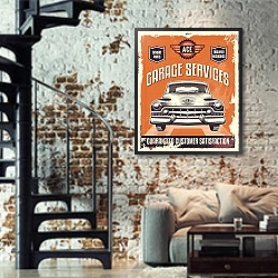 «Garage services» в интерьере двухярусной гостиной в стиле лофт с кирпичной стеной