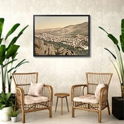 «Палестина. Город Наблус» в интерьере комнаты в стиле ретро с плетеными креслами