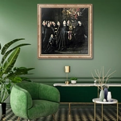 «Procession of St. Clare with the Eucharist» в интерьере гостиной в зеленых тонах