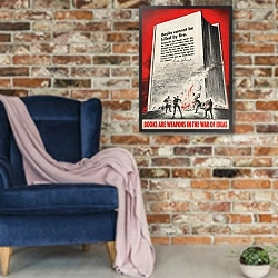 «Books are weapons in the war of ideas» в интерьере в стиле лофт с кирпичной стеной и синим креслом
