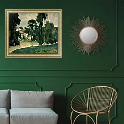 «The Road at Pontoise, 1875» в интерьере классической гостиной с зеленой стеной над диваном