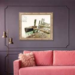 «Dinghy Approaching a Jetty» в интерьере гостиной с розовым диваном