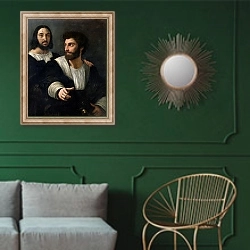 «Self Portrait with a Friend» в интерьере классической гостиной с зеленой стеной над диваном