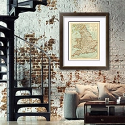 «Карта Англии и Уэльса 1» в интерьере двухярусной гостиной в стиле лофт с кирпичной стеной