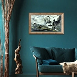 «Китайский пейзаж с туманным водопадом и горами» в интерьере зеленой гостиной в этническом стиле над диваном