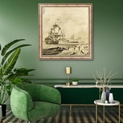 «Китовый промысел» в интерьере гостиной в зеленых тонах