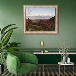 «Mont-Blanc seen from Saint-Cergues, 1869» в интерьере гостиной в зеленых тонах