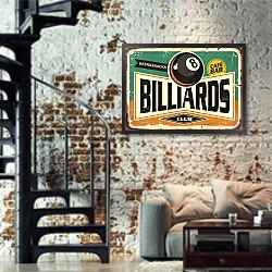 «Ретро-плакат бильярда с черным восьмым шаром на зеленом фоне» в интерьере двухярусной гостиной в стиле лофт с кирпичной стеной