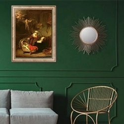 «The Holy Family, c.1645» в интерьере классической гостиной с зеленой стеной над диваном