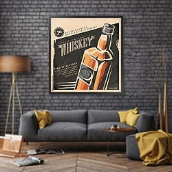 «Ретро плакат с виски» в интерьере в стиле лофт над диваном
