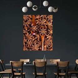 «Звездочки аниса в ложках» в интерьере столовой с черными стенами