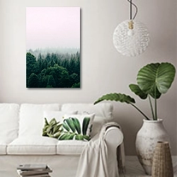 «Зеленый хвойный лес в тумане» в интерьере светлой гостиной в скандинавском стиле над диваном