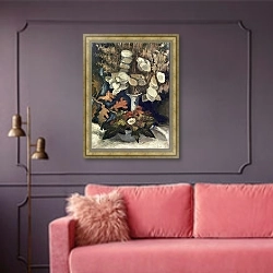 «Ваза с Лунарией, 1884» в интерьере гостиной с розовым диваном