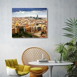 «Испания. Вид на Барселону с собора Святого семейства» в интерьере современной гостиной с желтым креслом