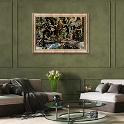 «Страшный суд, фреска из Сикстинской капеллы [07]. Фрагмент. Мученики с орудиями своих мук» в интерьере гостиной в оливковых тонах