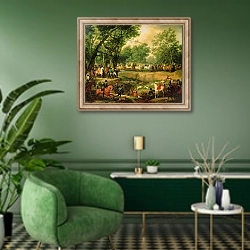 «Napoleon on a hunt in the Compiegne Forest, 1811» в интерьере гостиной в зеленых тонах