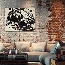 «Landscape with a trumpet-blowing rider» в интерьере гостиной в стиле лофт с кирпичной стеной