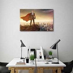 «Бизнесмен-супермен над городом» в интерьере современного офиса над столами работников