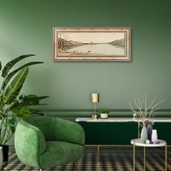«Lake Windermere, 1786» в интерьере гостиной в зеленых тонах