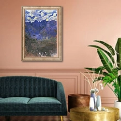 «Dawn of spring in San Fruttuoso, by Rubaldo Merello, oil on canvas, 98x69 cm. Italy, 20th century.» в интерьере классической гостиной над диваном