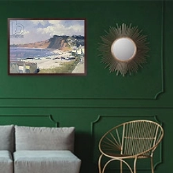«Summer Morning in Budleigh Salterton, 1989» в интерьере классической гостиной с зеленой стеной над диваном