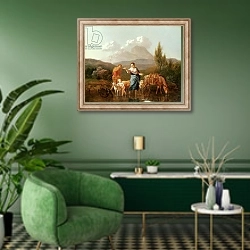 «Holy family at a stream» в интерьере гостиной в зеленых тонах