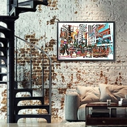 «Абстрактное искусство городского пейзажа» в интерьере двухярусной гостиной в стиле лофт с кирпичной стеной