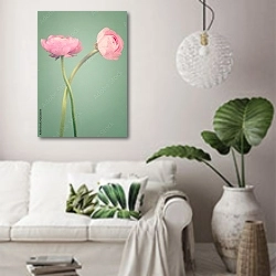 «Две красивых розовых цветка на зеленом фоне» в интерьере светлой гостиной в скандинавском стиле над диваном