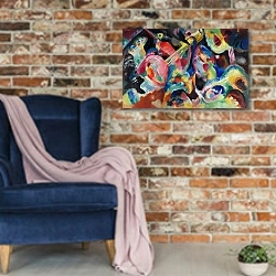 «Improvisation Flood» в интерьере в стиле лофт с кирпичной стеной и синим креслом