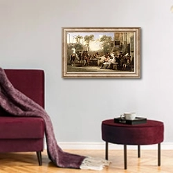 «Chelsea Pensioners Receiving the Gazette Announcing the Battle of Waterloo, c.1819» в интерьере гостиной в бордовых тонах