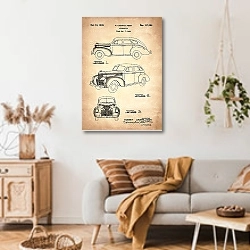 «Патент на ретро автомобиль, 1939г» в интерьере гостиной в стиле ретро над диваном